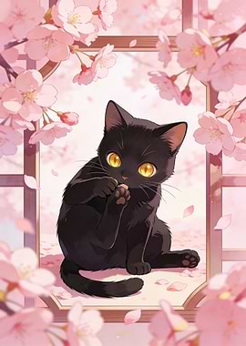 Black Cat with Cherry Blossoms