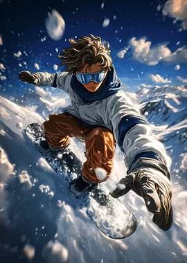 Snowboarder in Action on Snowy Mountain