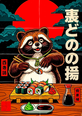 Tanuki enjoying sushi with Japanese text