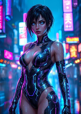 Cyberpunk Girl in Rainy Cityscape