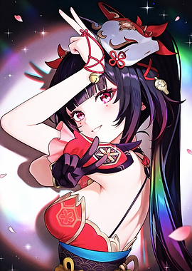 Anime Girl with Fox Mask Illustration