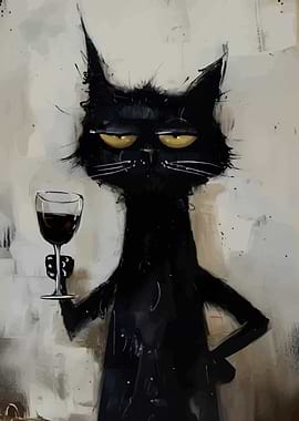 Black Cat with Wine Glass Painting
