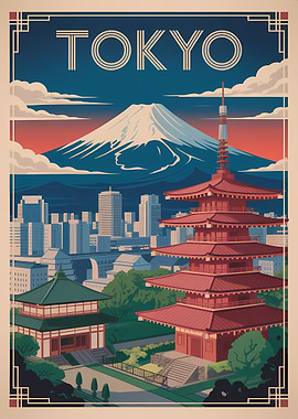 Tokyo Travel Poster with Mount Fuji