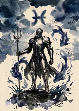 Pisces Warrior – Japanese Sumi-e Ink Zodiac Art