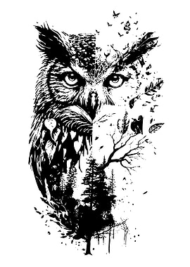 Owl and Forest Black and White