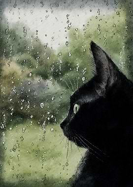Black cat looking out rainy window
