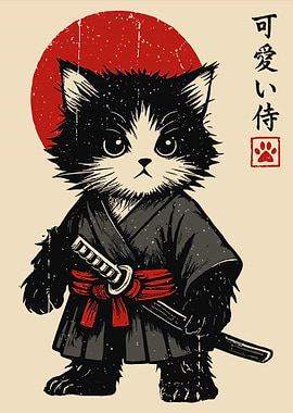 Samurai Cat Poster, Japanese Cat Wall Art, Vintage Ukiyo Style Illustration Print