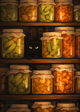 Black Cat in Pantry with Pickles