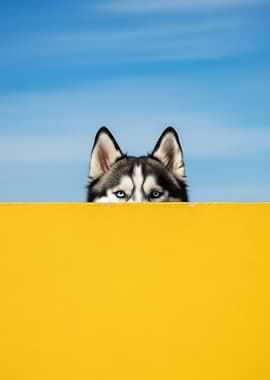 Husky peeking over yellow wall