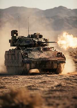 Military Tank Firing in Desert Landscape