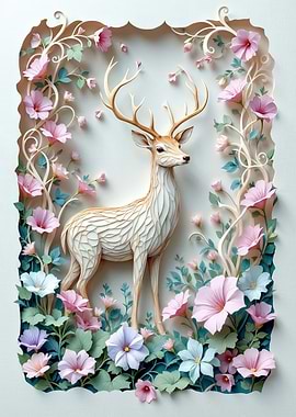 Ethereal White Stag 3D Papercraft Floral Woodland Art