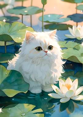 White Cat in Lotus Pond