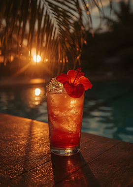 Tropical Cocktail with Hibiscus at Sunset