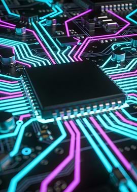 Neon Circuit Board Close-Up