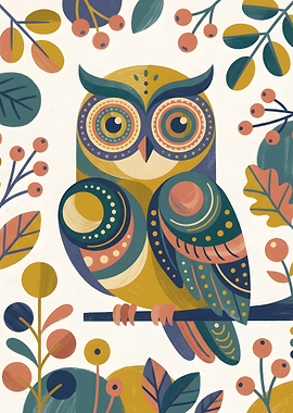 Stylized Owl Illustration with Floral Elements