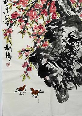 Ink Painting of Birds and Blossoms