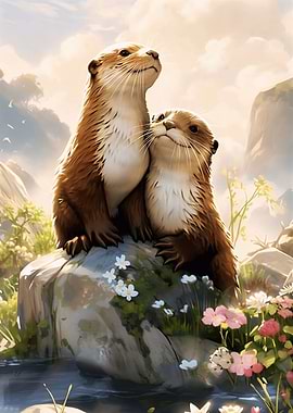 Two Otters on a Rock