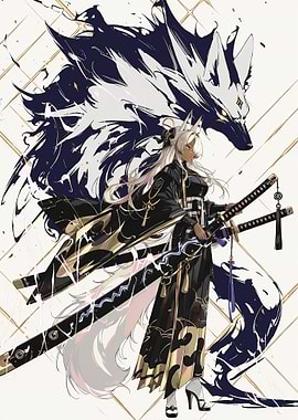 Anime Girl with Wolf Spirit and Swords