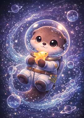 Otter Astronaut with Goldfish in Space