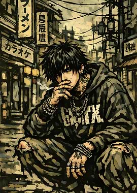 Tattooed man smoking in Japanese alley