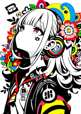 Anime Girl with Colorful Floral Accents