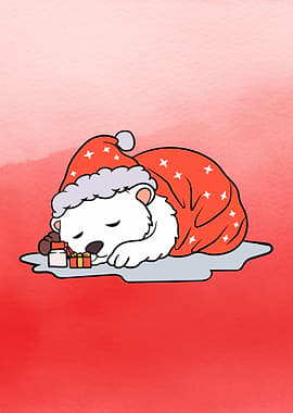 Sleeping Polar Bear with Christmas Hat