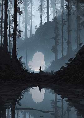 Meditative Figure in Misty Forest Landscape