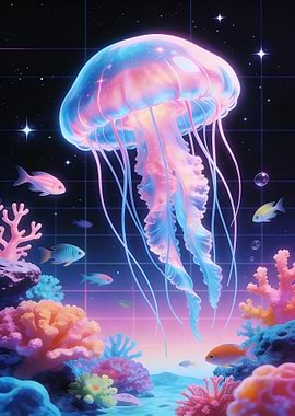 Neon Jellyfish in Retro Underwater Vaporwave Scene