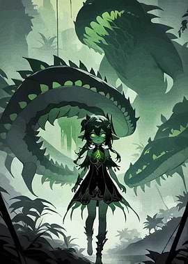 Anime Girl with Crocodiles in Jungle