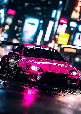 Pink Sports Car in Cityscape at Night