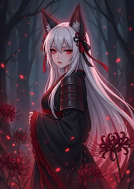 Anime Fox Girl in Dark Forest