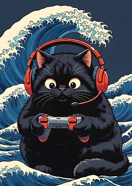 Gamer Cat with Waves Background
