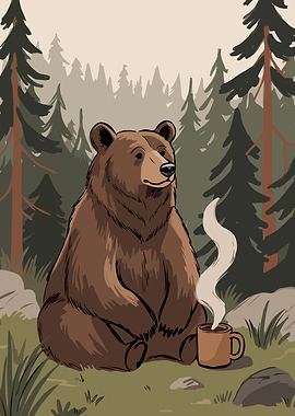 Bear with Coffee in Forest Illustration
