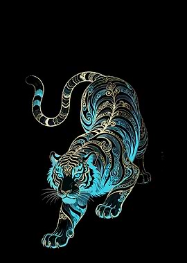Ornate Blue and Gold Tiger Illustration