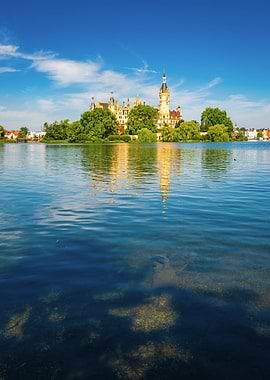 Schwerin Castle reflected in lake water