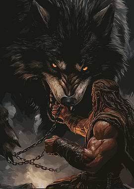 Man Chaining a Giant Wolf