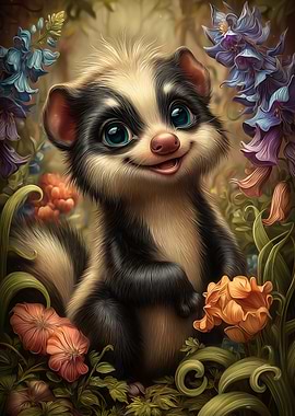 Cute Cartoon Skunk Surrounded by Flowers