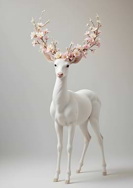 Minimalist White Deer with Floral Antlers