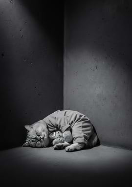 Cat in Pajamas Sleeping in Corner