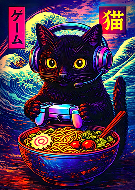 Gamer Cat with Ramen and Waves