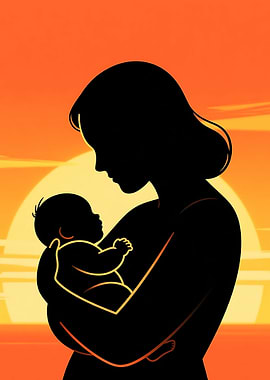 Mother and Baby Silhouette at Sunset