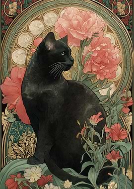 Black Cat with Flowers Art Nouveau
