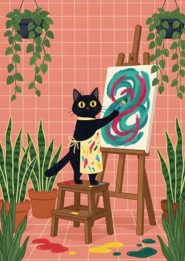 Black Cat Artist Painting on Canvas