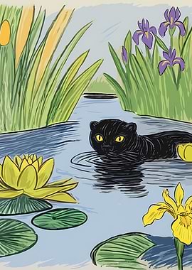 Black Otter Swimming in a Pond