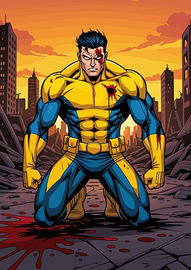 Invincible Kneeling in Ruined Cityscape