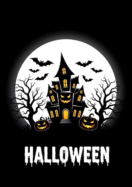 Halloween Haunted House with Moon and Bats