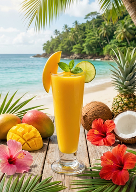 Tropical Mango Smoothie on Beach
