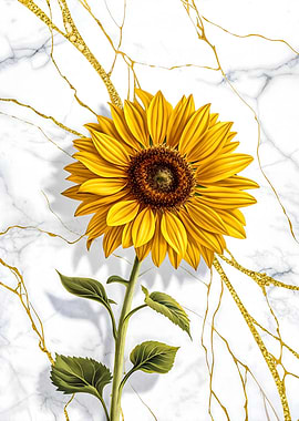 Golden Sunflower with Marble Background and Gold Veins Art