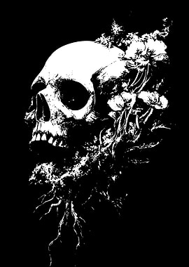 Skull with Flowers Black and White