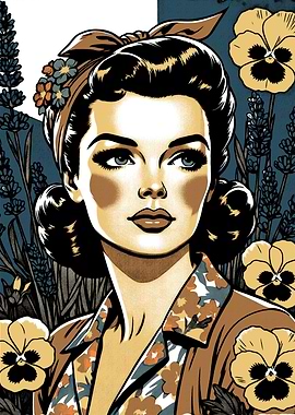 Vintage Woman Portrait with Floral Background